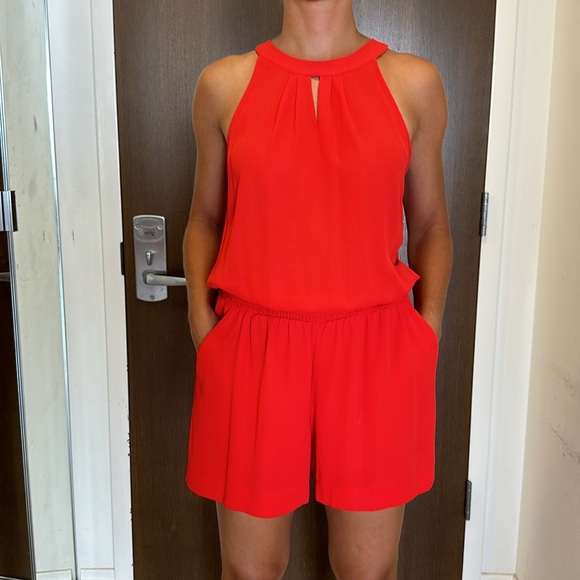 NY & Co Red Romper with Elastic Waist & Lined Shorts Silver Button at Neck - Picture 1 of 8